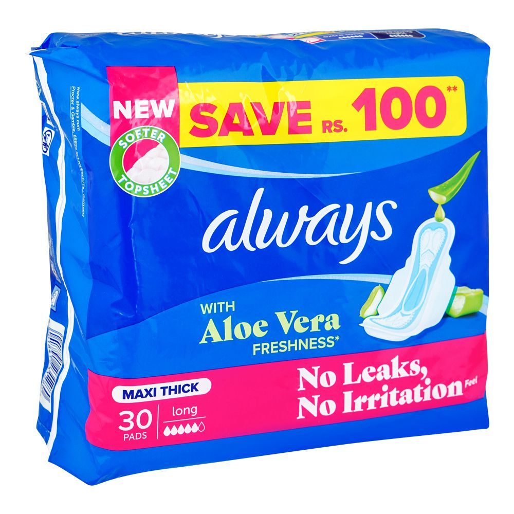 Always Aloe Vera Freshness Maxi Thick Long Pads, 30-Pack, Save Rs.100/- - Main Image
