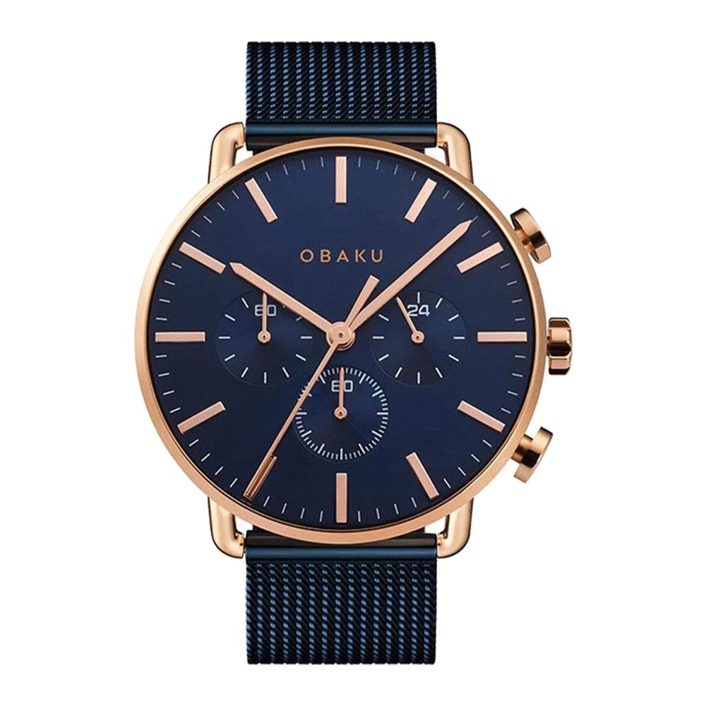Obaku Men's Rust Gold Round Dial With Navy Blue Background & Bracelet Chronograph Watch, V232GCVLML - Main Image