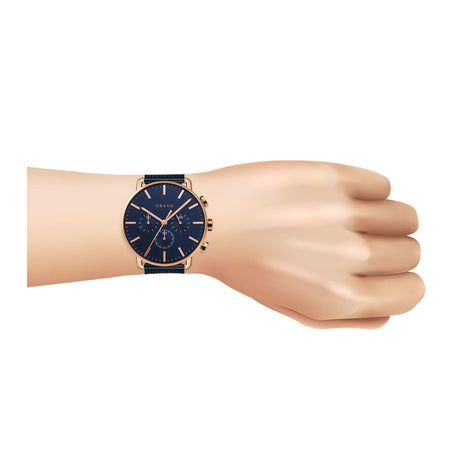 Obaku Men's Rust Gold Round Dial With Navy Blue Background & Bracelet Chronograph Watch, V232GCVLML - Image 2