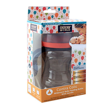 Baby World Contra Colic Wide Neck Baby Feeding Bottle, With Handle, Red, 300ml, BW2047 - Image 2