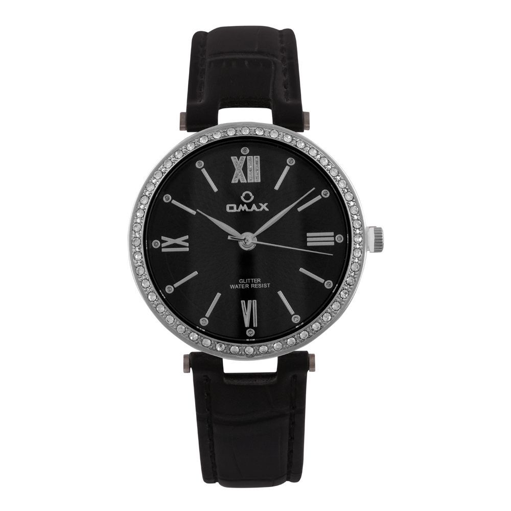 Omax Women's Glitter Round Dial With Black Background & Black Texture Strap Analog Watch, GT001P22I - Main Image
