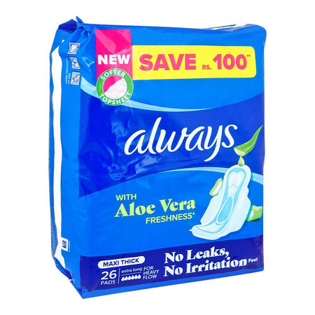 Always Aloe Vera Freshness Maxi Thick Extra Long Pads, 26-Pack, Save Rs.100/- - Main Image