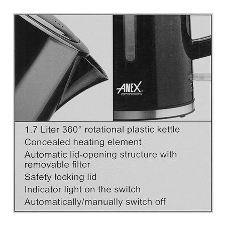 Anex Deluxe Kettle, 1850-2150W, 1700ml Capacity, Black, AG-4055 - Image 4