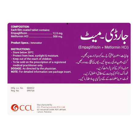 CCL Pharmaceuticals Jardy-Met Tablet, 12.5/500mg, 14-Pack - Image 2