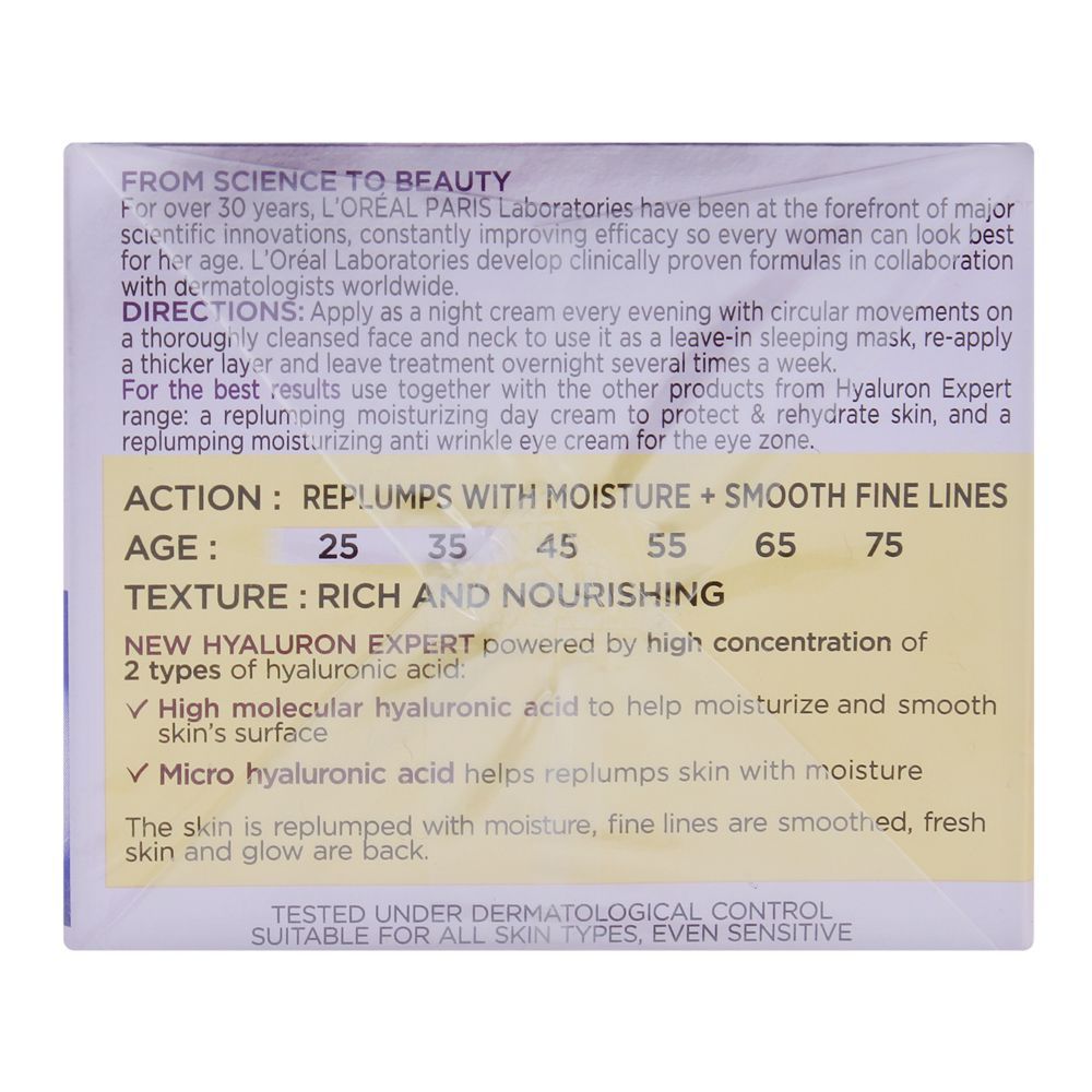 L'Oreal Paris Hyaluron Expert Replumping Moisturizing Care Night Cream Mask With Hyaluronic Acid, 50ML - Hydrating, Glass Skin - Image 3