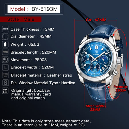Benyar BY-5193 Mond Gesicht Chronograph Series Image 4