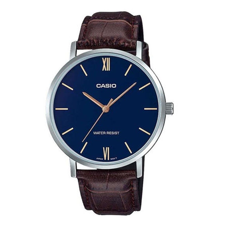Casio Men's Enticer Analog Watch With Blue Dial Casual & Designed Dark Brown Strap, MTP-VT01L-2BUDF - Main Image