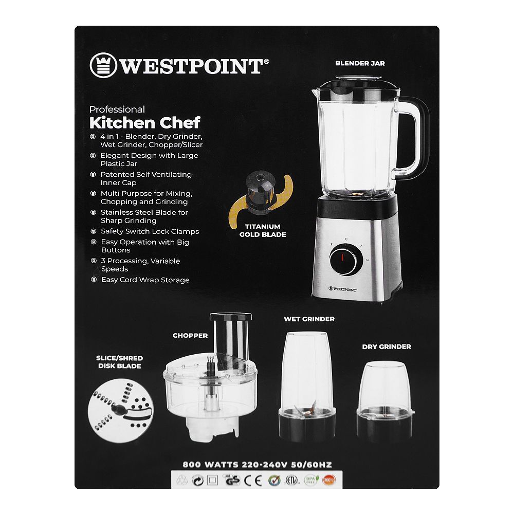 West Point 4 In 1 Deluxe Blender, Dry Grinder, Wet Grinder, Chopper, Slicer, Plastic Jars, 800W, WF-445 - Image 3
