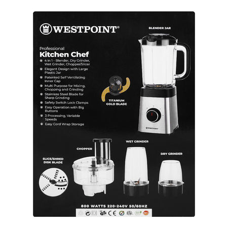 West Point 4 In 1 Deluxe Blender, Dry Grinder, Wet Grinder, Chopper, Slicer, Plastic Jars, 800W, WF-445 - Image 3