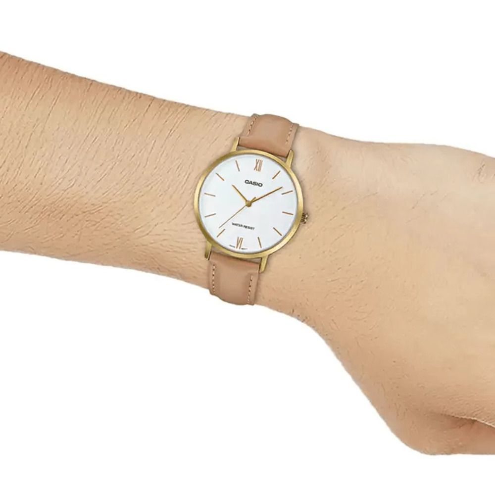 Casio Men's Formal Analog Watch With White Dial & Brown Leather Strap, LTP-VT01GL-7BUDF - Image 2