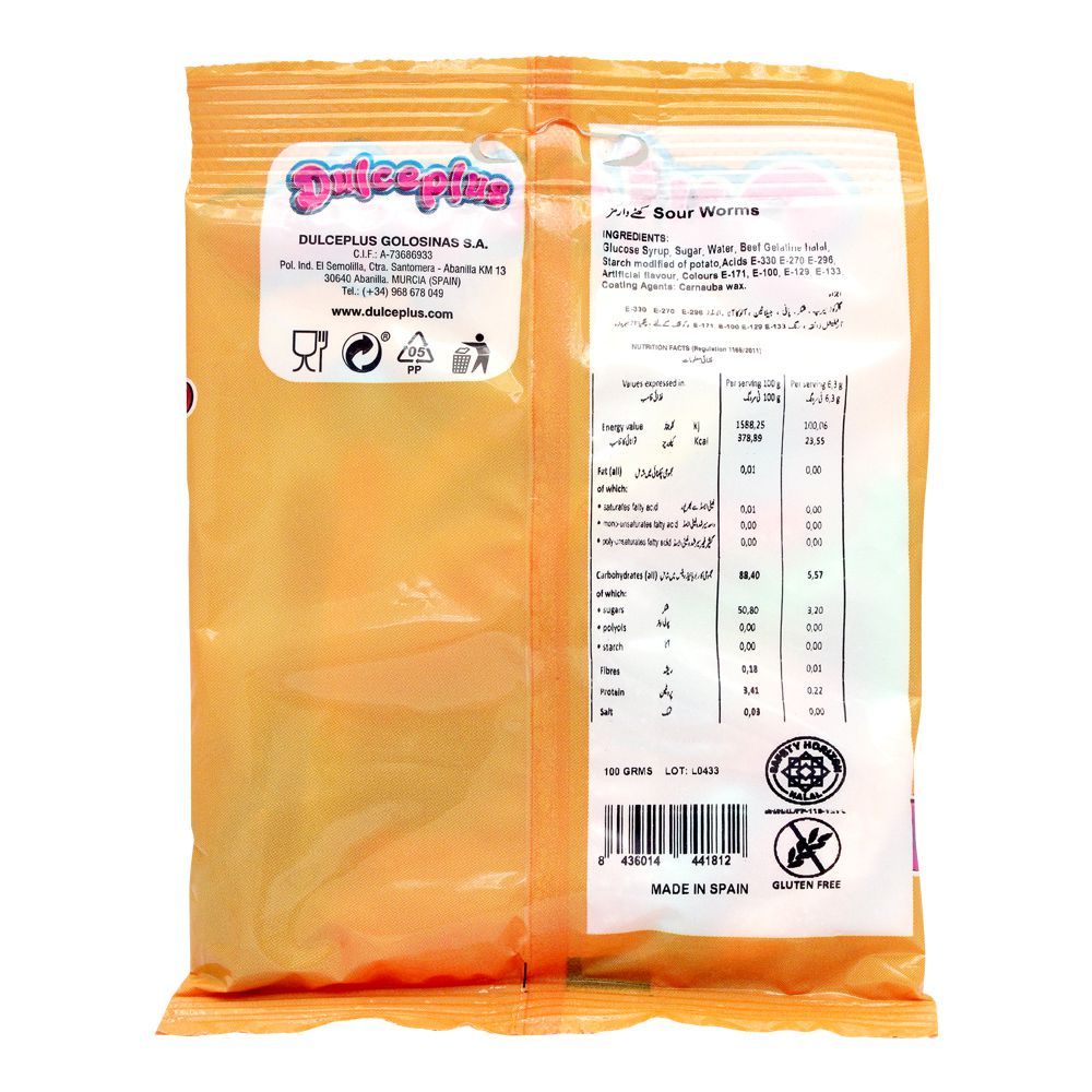 Dulceplus Sour Worms Jelly, Gluten Free, Pouch, 100g - Image 2