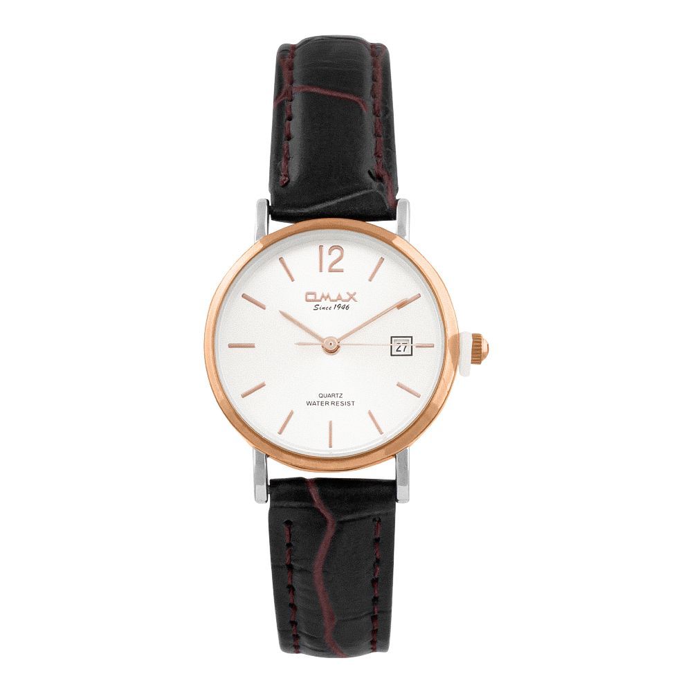 Omax Women's White Round Dial With Black Plain Strap Analog Watch, HDL07R35I - Main Image
