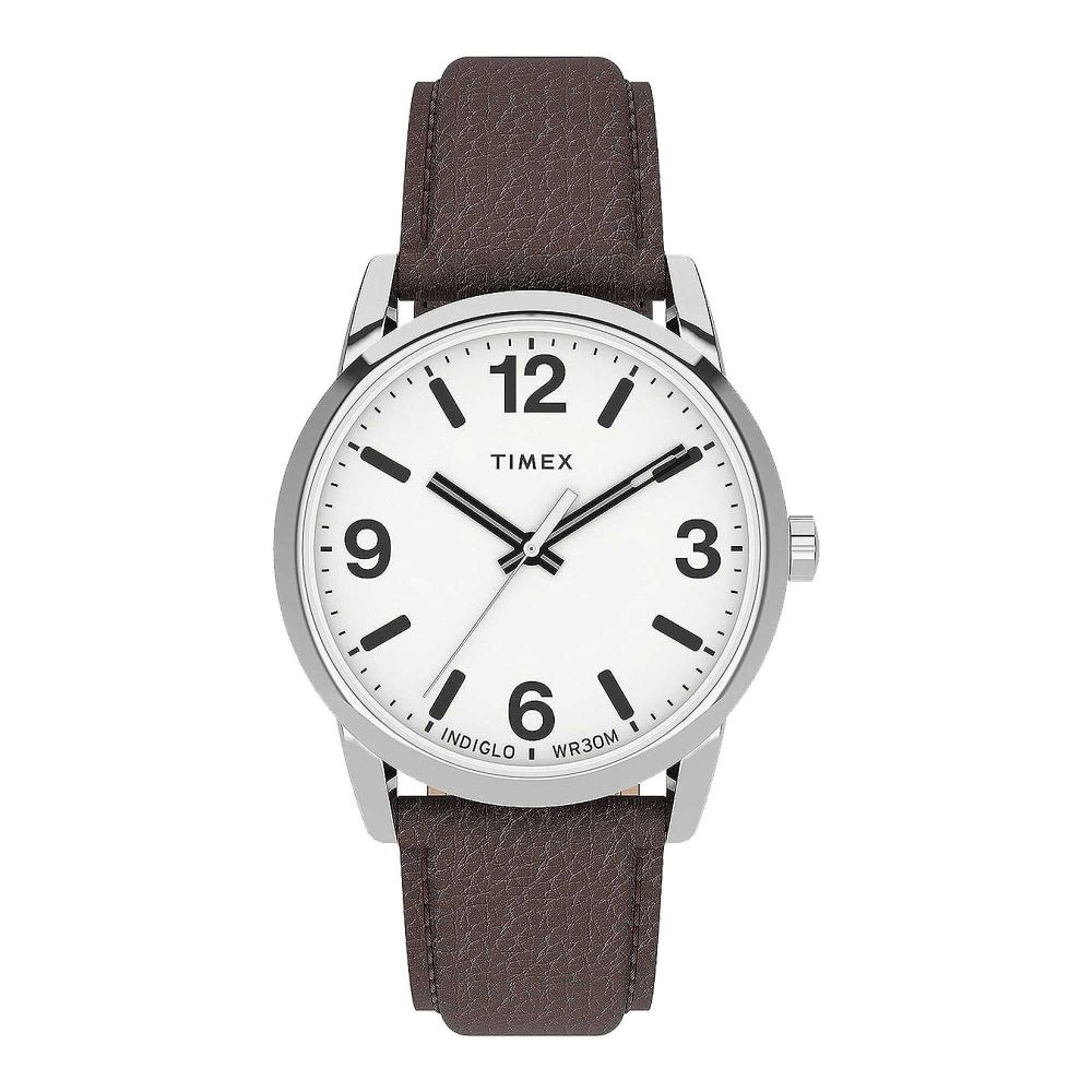 Timex Men's Chrome Round Dial With White Background & Textured Brown Strap Analog Watch, TW2U71600 - Main Image