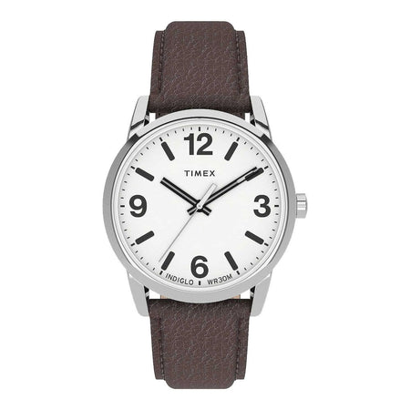 Timex Men's Chrome Round Dial With White Background & Textured Brown Strap Analog Watch, TW2U71600 - Main Image