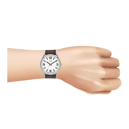 Timex Men's Chrome Round Dial With White Background & Textured Brown Strap Analog Watch, TW2U71600 - Image 2