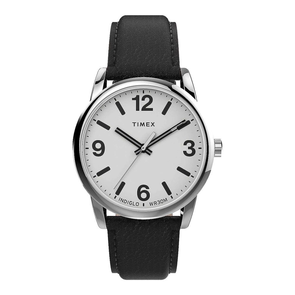 Timex Men's Chrome Round Dial With White Background & Textured Black Strap Analog Watch, TW2U71700 - Main Image