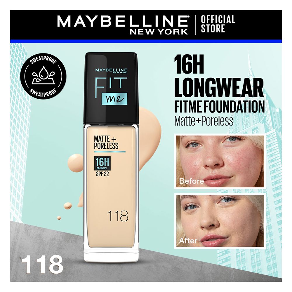 Maybelline New York Fit Me Matte + Poreless Foundation, 118 Light Beige, 30ml - Main Image