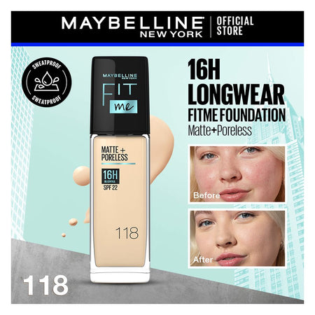 Maybelline New York Fit Me Matte + Poreless Foundation, 118 Light Beige, 30ml - Main Image