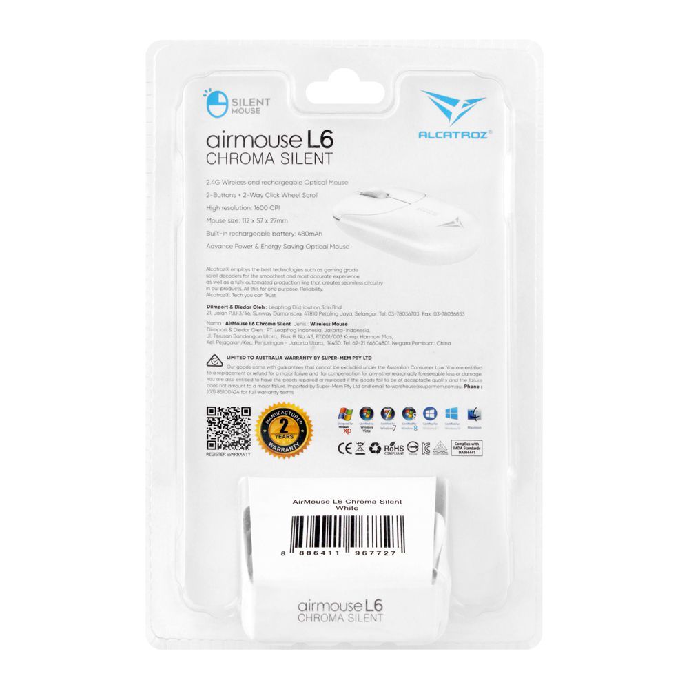 Alcatroz Airmouse L6 Chroma Silent Rechargeable Wireless Mouse, White - Image 3