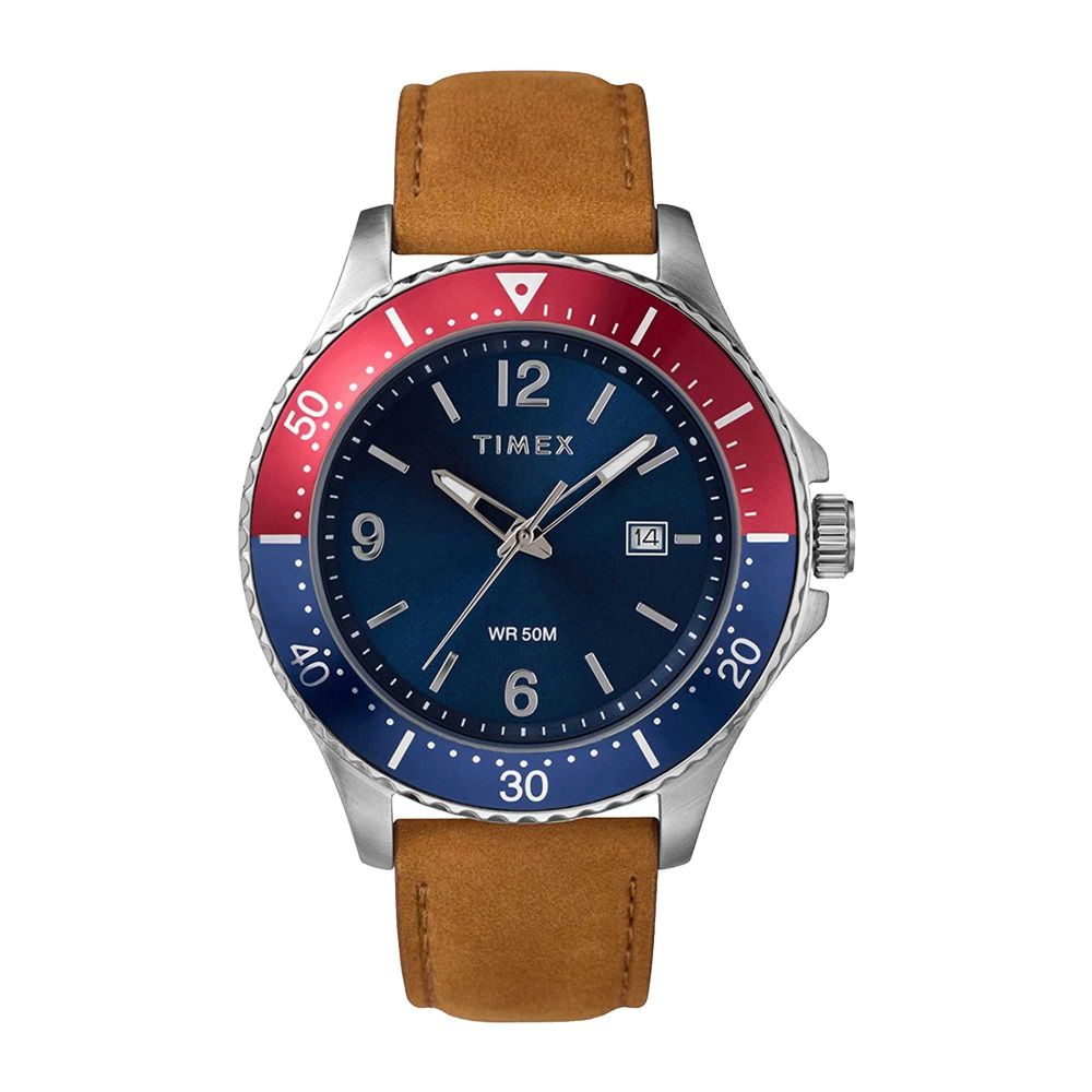 Timex Men's WR50M Red & Blue Round Dial With Plain Brown Strap Analog Watch, TW2U29200 - Main Image