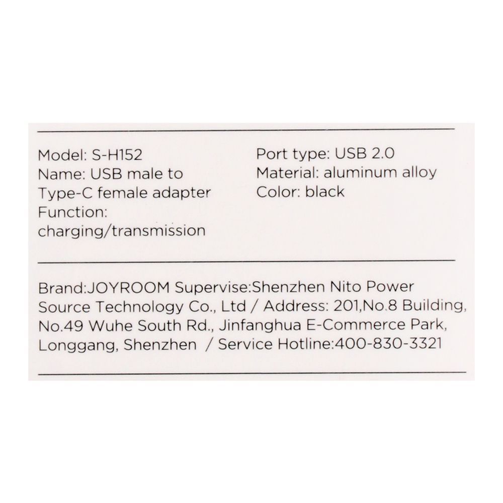 Joyroom USB Male To Type-C Female Adapter, Black, S-H152 - Image 4