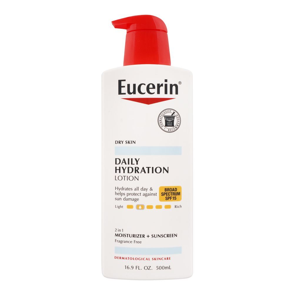 Eucerin Daily Hydration Moisturizer + Sunscreen Lotion, Dry Skin, SPF 15, Fragrance Free, 500ml - Main Image