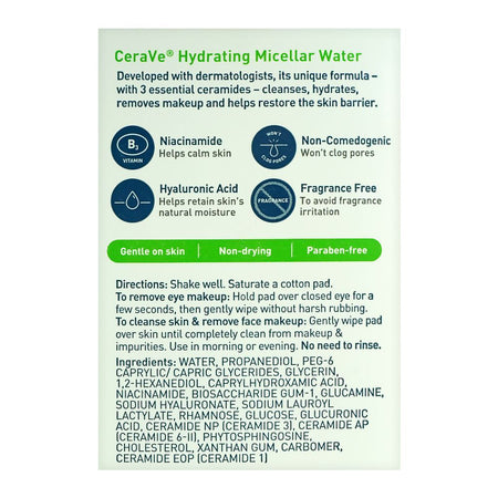CeraVe Hydrating Micellar Water Ultra Gentle Cleanser, 296ml - Image 3