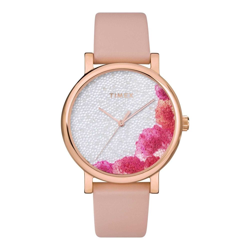 Timex Women's Rose Pink Floral Round Dial & Light Pink Plain Strap Analog Watch, TW2U18500 - Main Image
