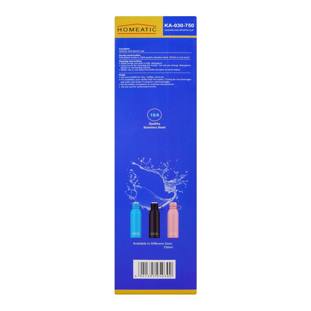 Homeatic Steel Water Bottle, 750ml Capacity, Blue, HKA-030 - Image 6
