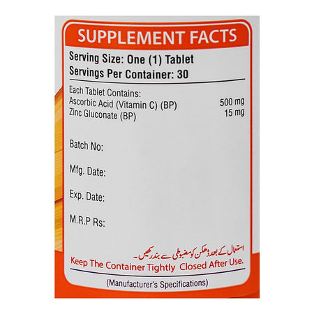 Nutrifactor Nutra-C 500 Plus Zinc Food Supplement Tablet, Maximum Immune Support, 30-Pack - Image 3