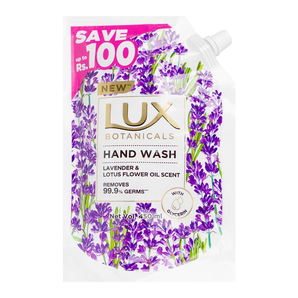 Lux Botanicals Lavender & Lotus Flower Oil Hand Wash, 450ml Refill Pouch, Save Rs.100/- - Main Image