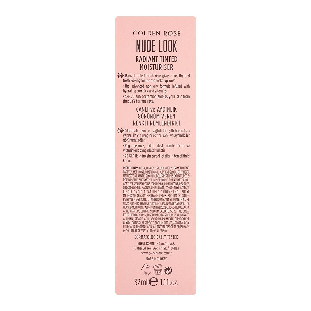 Golden Rose Nude Look Radiant Tinted Moisturiser Hydrating Skin Tint, SPF25, 01, Fair Tint - Image 3
