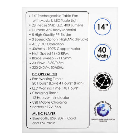 Sanford Rechargeable Table Fan, 14 Inches, 40W, SF-918RTF - Image 6