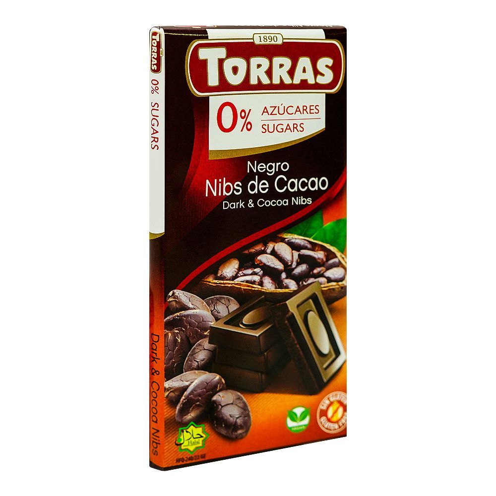 Torras Sugar Free Dark & Cocoa Nibs Chocolate, 75g - Main Image