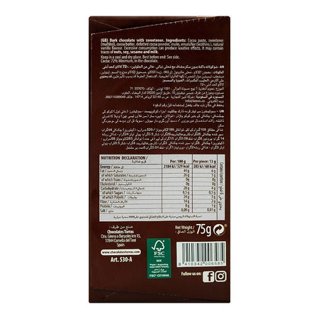 Torras Sugar Free 72% Dark Chocolate, 75g - Image 2