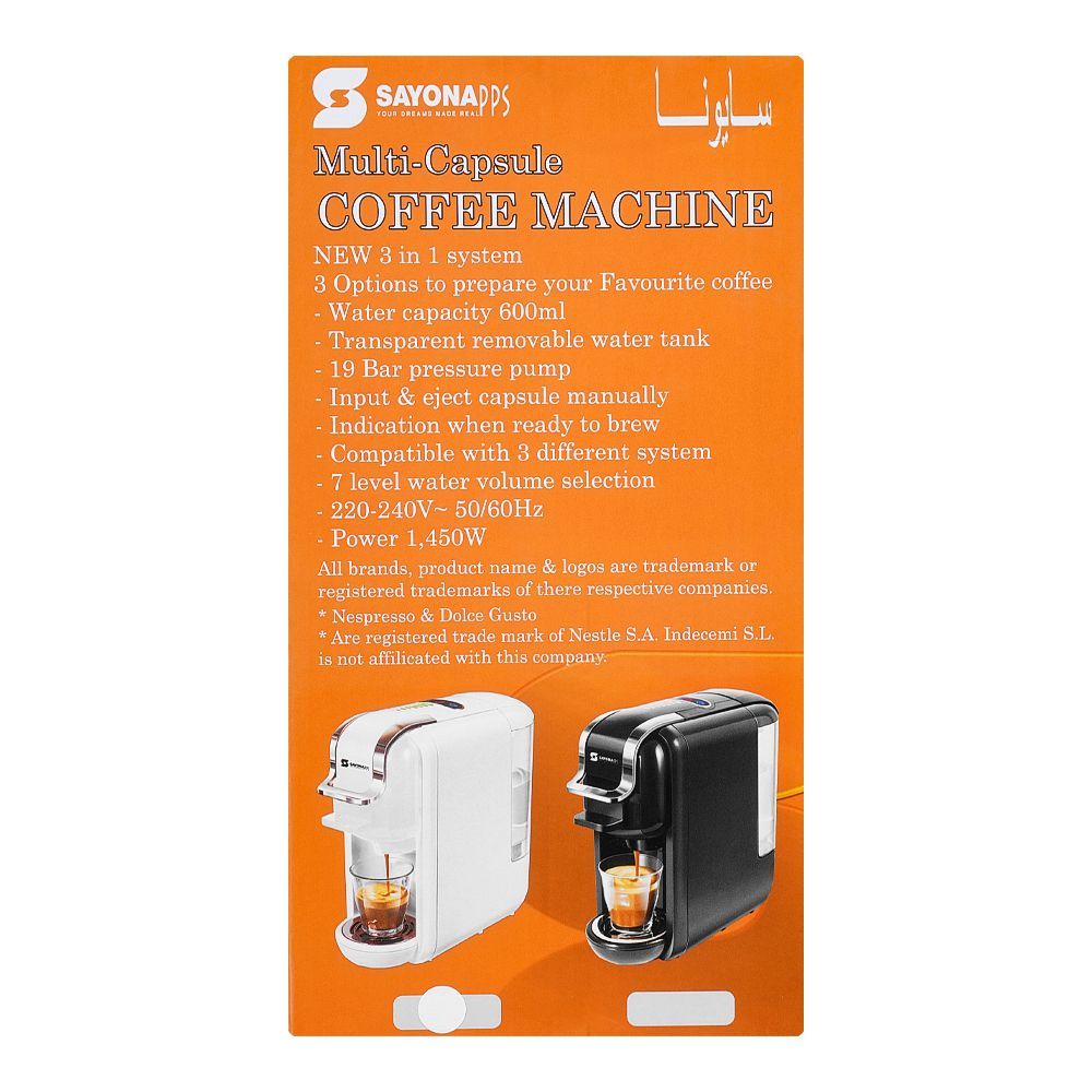 Sayona Multi Capsule 19 Bar Pressure Pump Coffee Machine, 1450W, SEM-4487 - Image 4