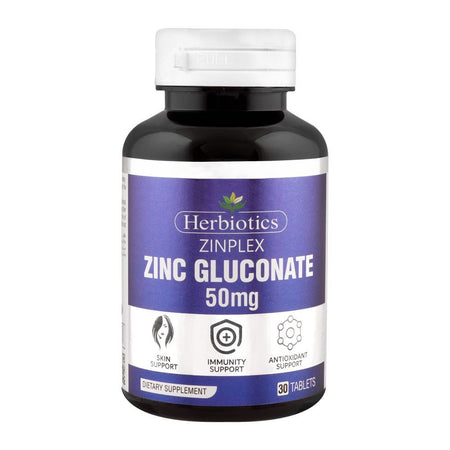 Herbiotics ZinPlex Zinc Gluconate, Skin, Immunity & Antioxidant Support, 50mg Dietary Supplement, 30-Pack - Main Image