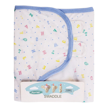 Angel's Kiss Baby Swaddle, Alphabetical Design, Blue - Main Image
