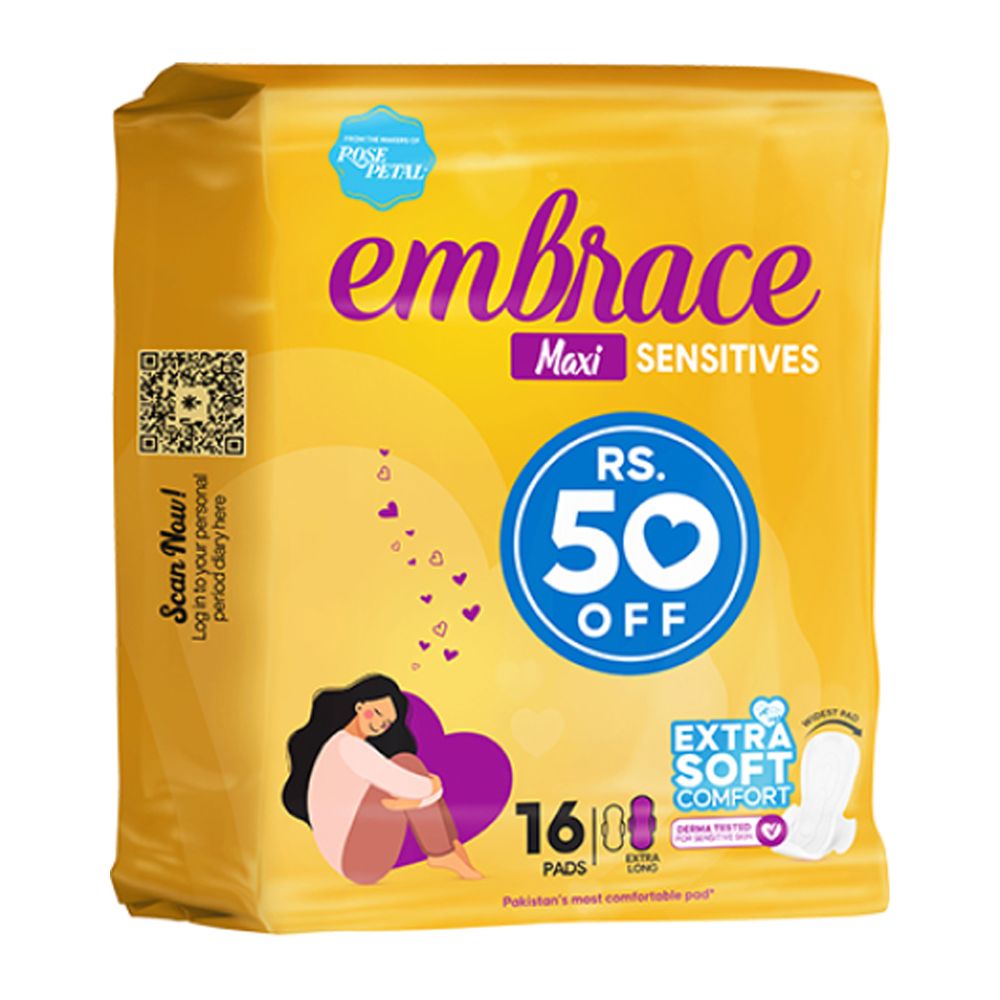 Embrace Sensitives Maxi Pads, Extra Long, Value Pack, 16-Pack, Rs.50/- Off - Main Image