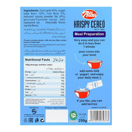 Alba Krispy Cereo, High Fiber Delicious Cereal, Gluten, Milk, Soy & Hazelnuts, 250g - Image 2