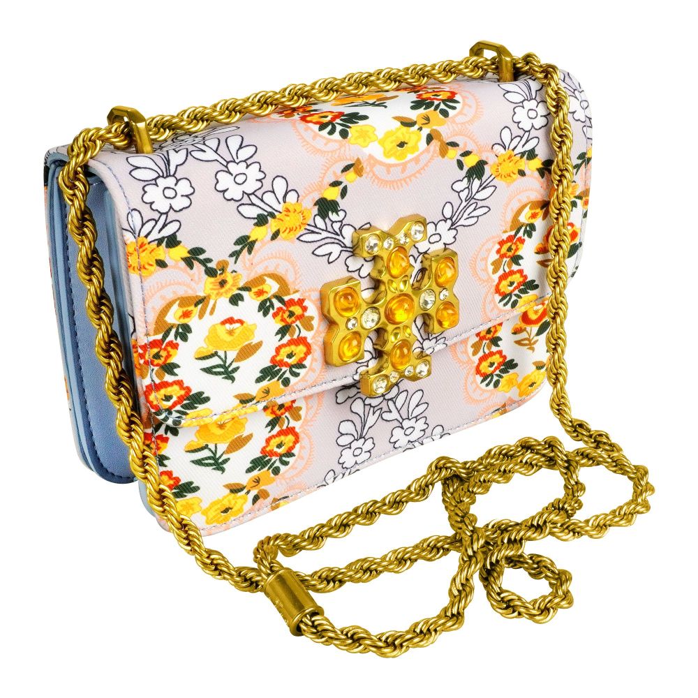 Clutch With Golden Chain, Floral Purple, TR908 - Main Image
