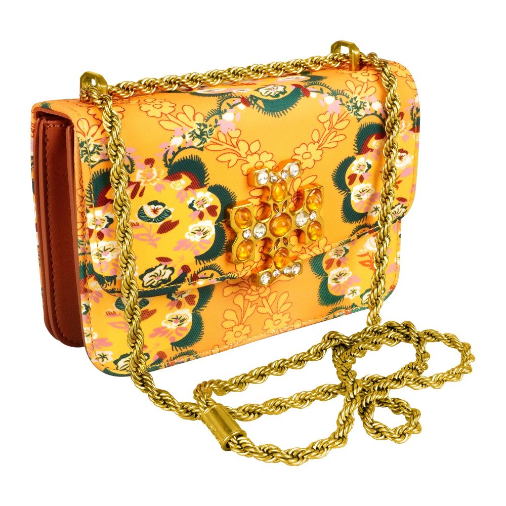 Clutch With Golden Chain, Floral Brown, TR908 - Main Image