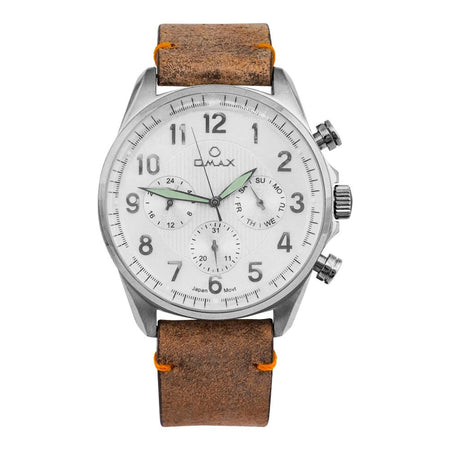 Omax Men's Silver Round Dial With White Background & Textured Brown Strap Chronograph Watch, VC04P65I - Main Image