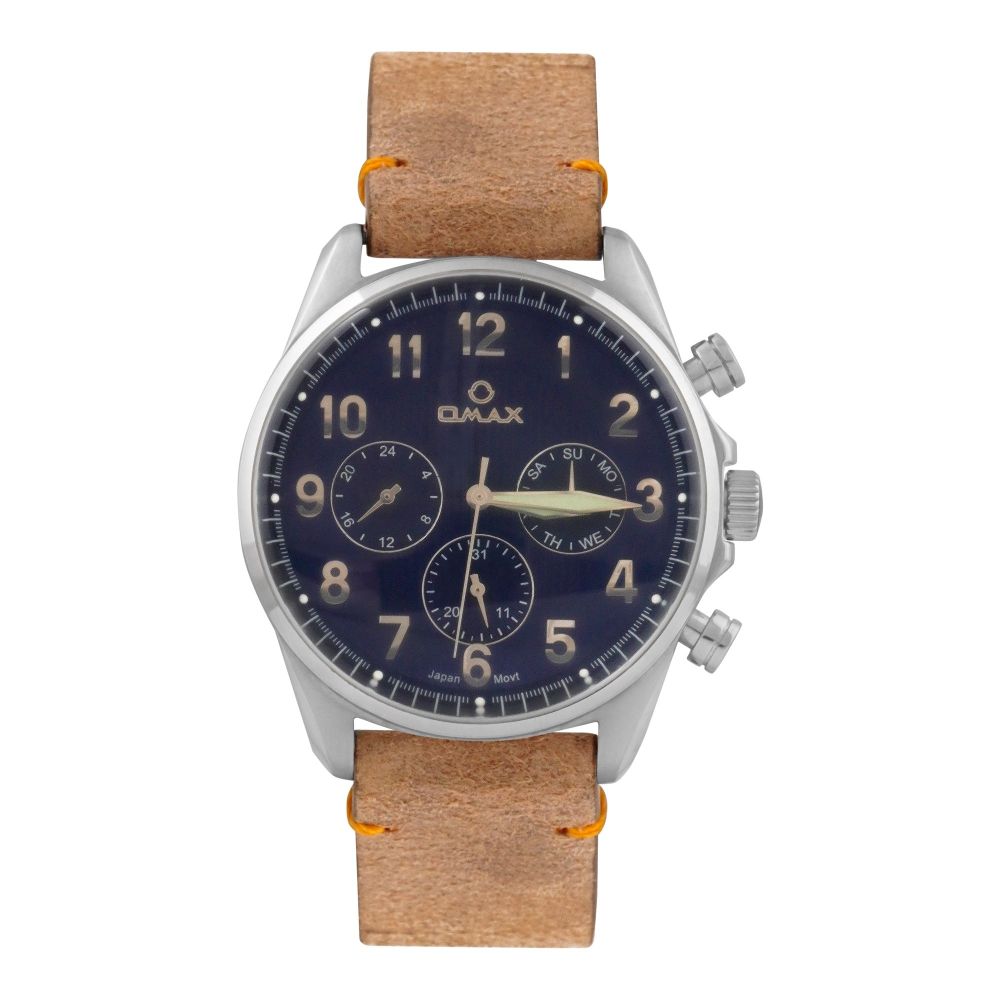 Omax Men's Chrome Round Dial With Navy Blue Background & Brown Strap Chronograph Watch, VC04P25I-BL - Main Image