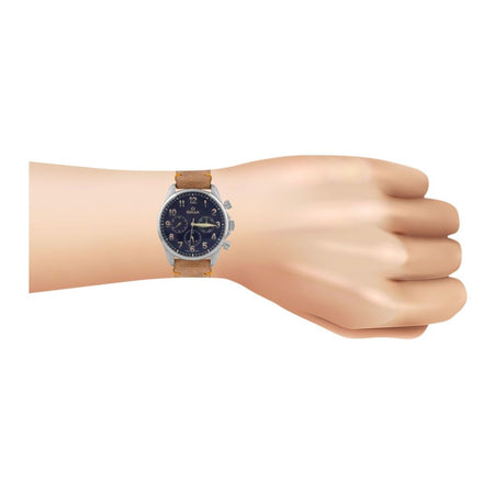 Omax Men's Chrome Round Dial With Navy Blue Background & Brown Strap Chronograph Watch, VC04P25I-BL - Image 2