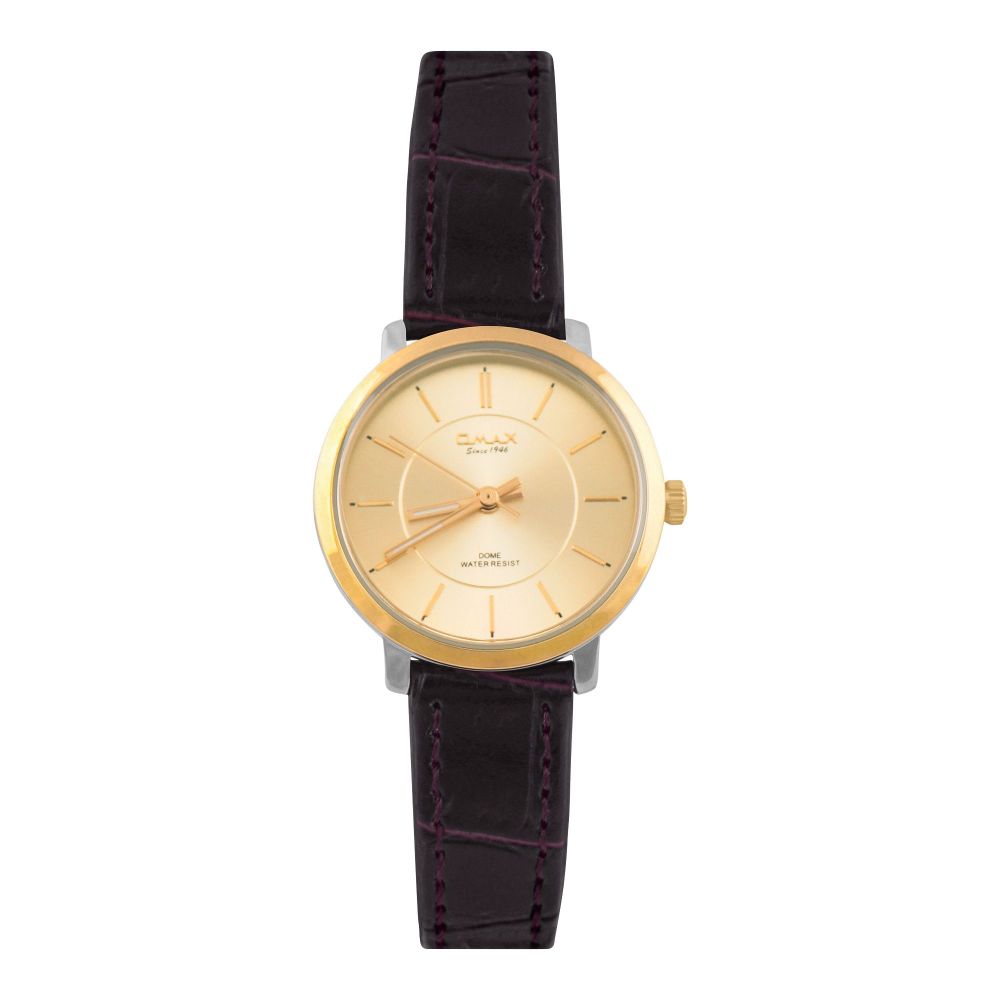 Omax Women's Yellow Gold Round Dial With Textured Maroon Strap Analog Watch, DC006T15I - Main Image