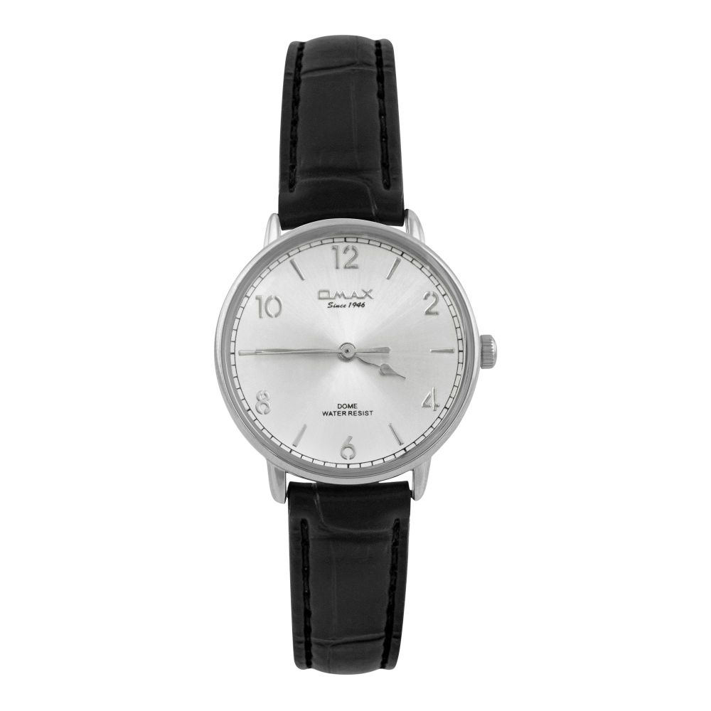 Omax Women's Chrome Round Dial With Textured Black Strap Analog Watch, DC002P62I - Main Image