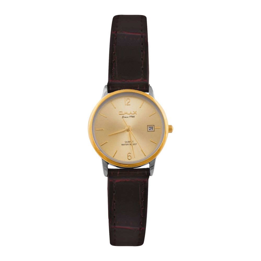 Omax Women's Yellow Gold Round Dial With Textured Maroon Strap Analog Watch, HDL05T15I - Main Image