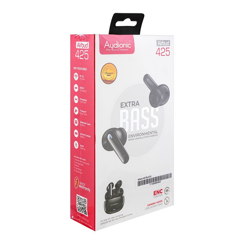 Audionic Quad Mic ENC Environmental Noise Cancellation Wireless Earbuds, Airbud-425, Black - Image 2