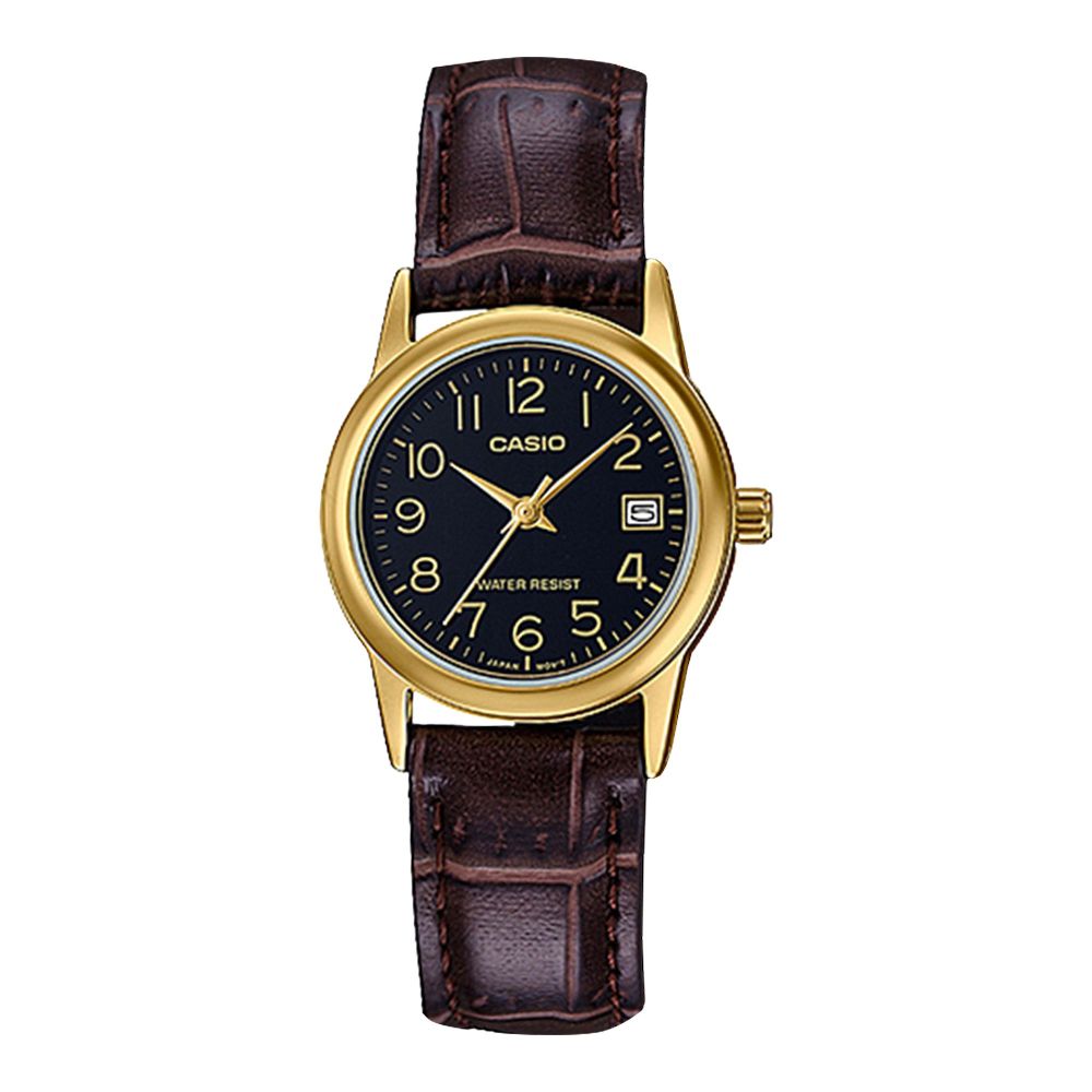 Casio Men's Golden Round Dial With Textured Brown Strap Analog Watch, LTP-V002GL-1BUDF - Main Image